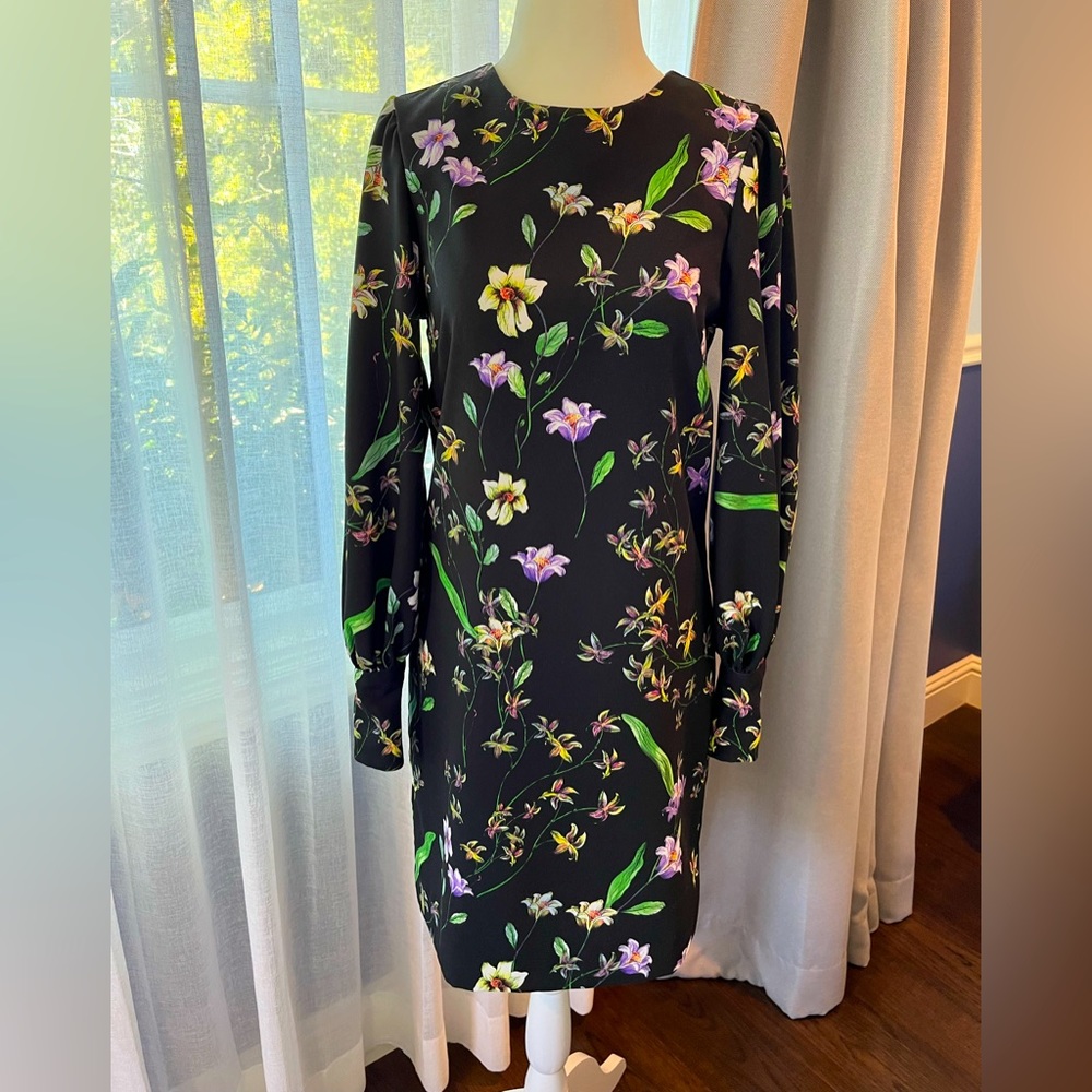 H&M Black Floral Dress, Long Button Sleeve, Size 2